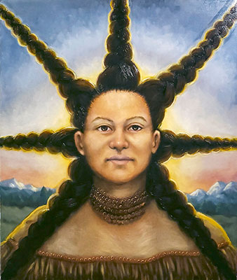 Oil painting of a Native woman with seven long braids pulled straight all around her face, forming a star shape.