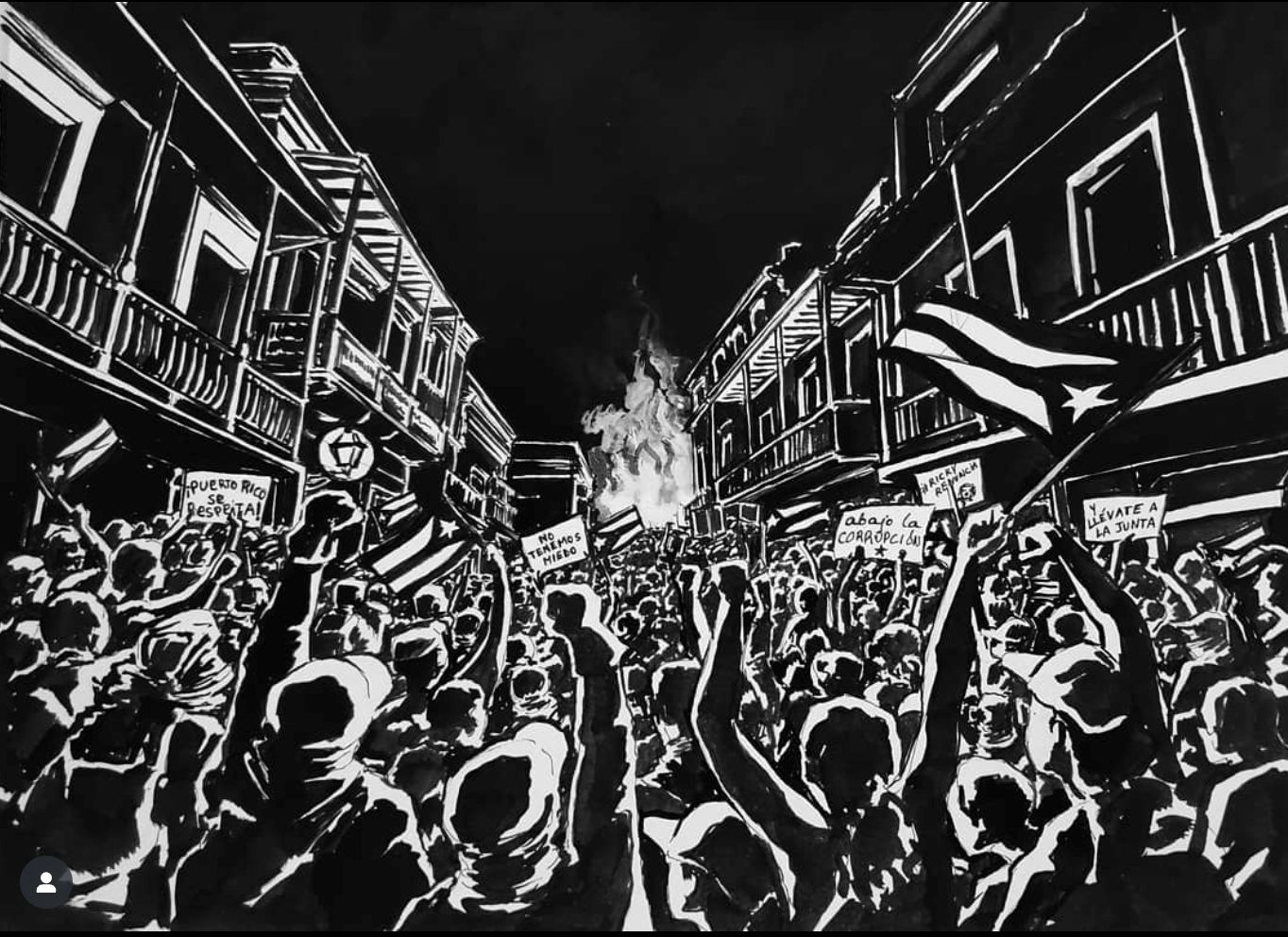 Black and white illustration of a protest with many people holding Puerto Rican flags and a fire burning in the distance