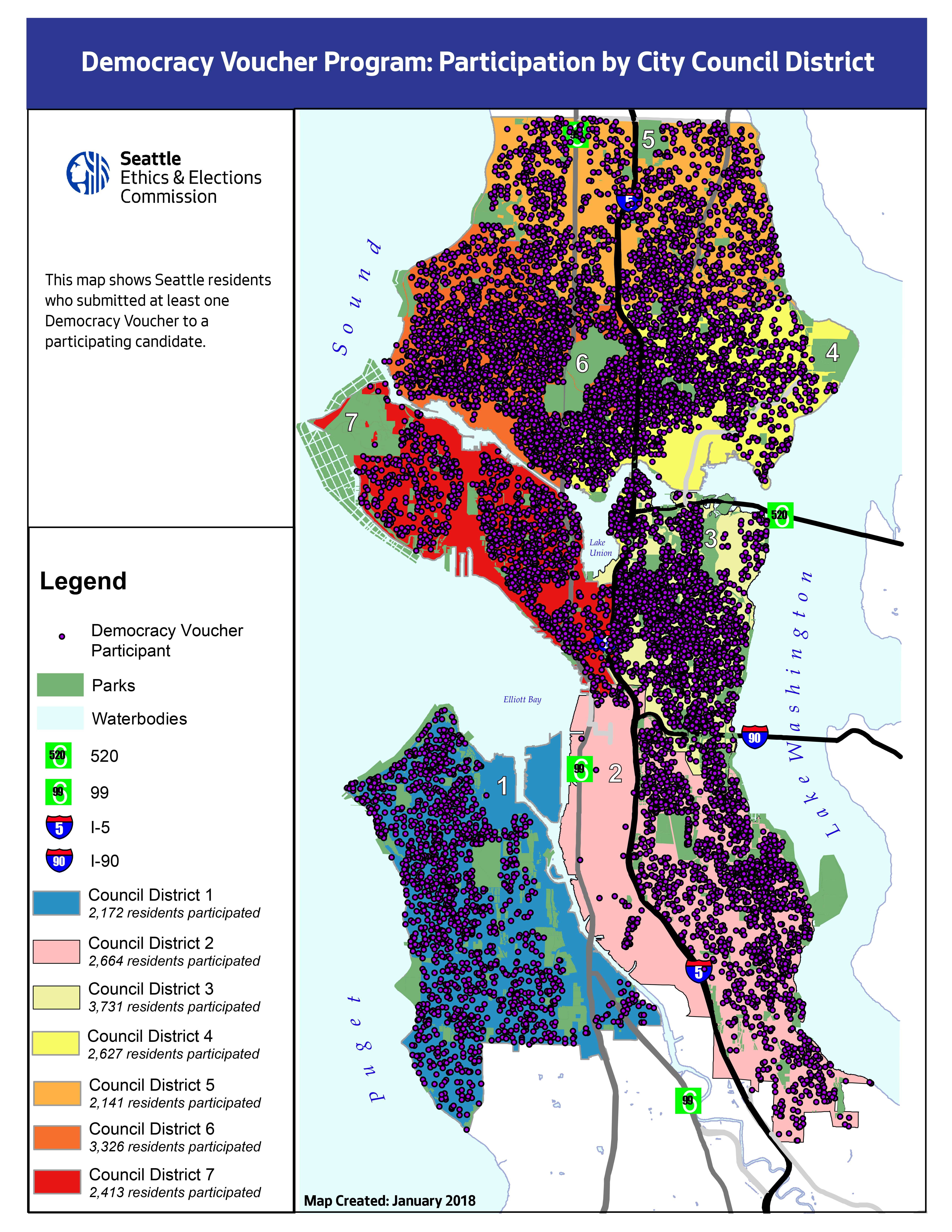 Map of Seattle's Democracy Voucher Program participation by city district. Colored areas represent different districts, marked with dots and numerical labels.