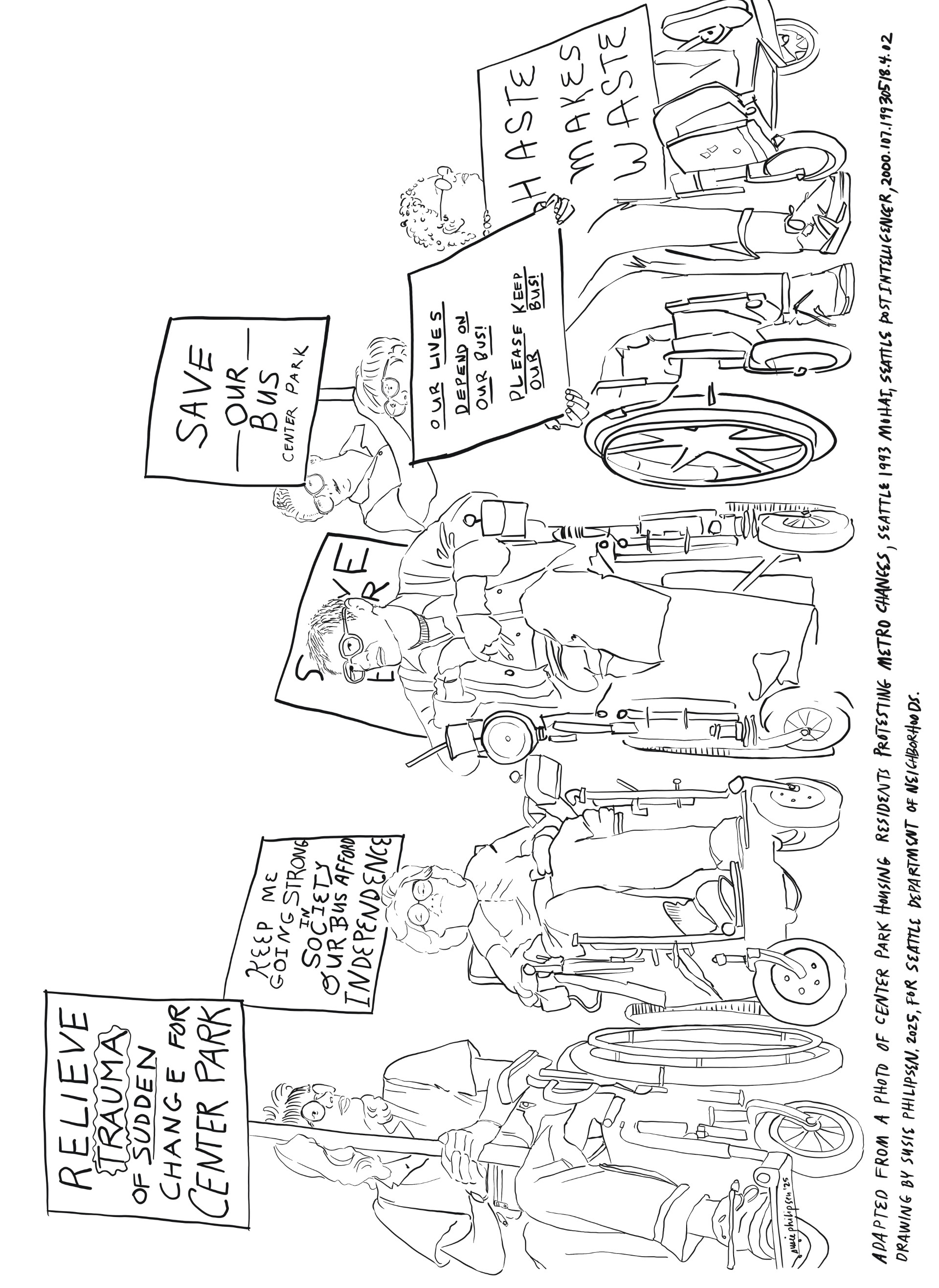 A drawing of a group of people, mostly in wheelchairs, protesting with signs about a bus cancellation that would impact their mobility.
