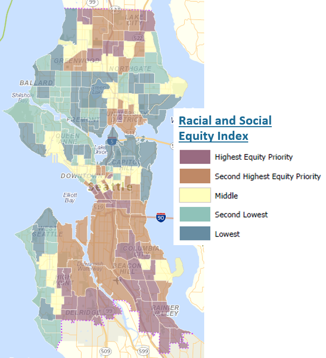 Racial and Social Equity Index map of the Seattle area.