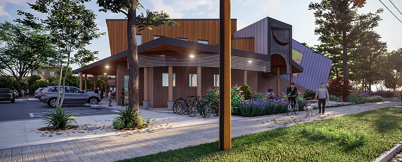 A rendering of a one story building. A parking lot is on the left and people are walking on the sidewalk on the right. 