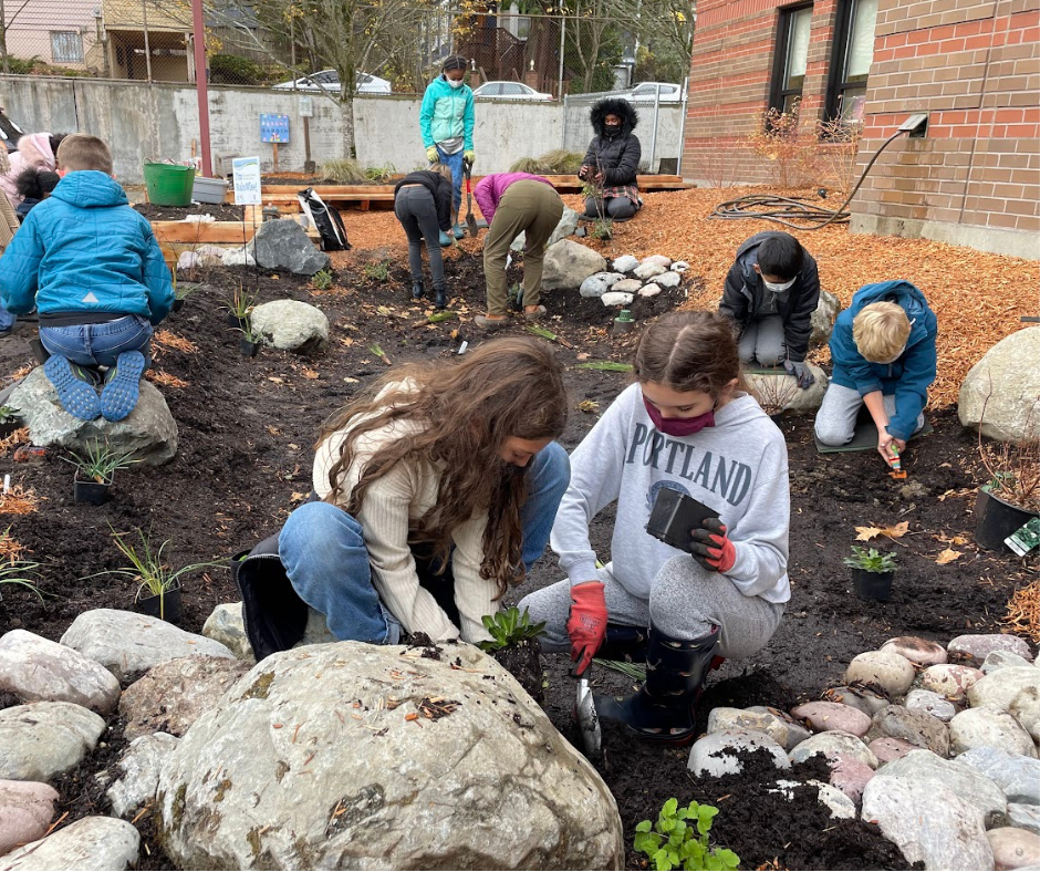 Students work in the garden at Leschi Elementary. Photo by Erin Irby.