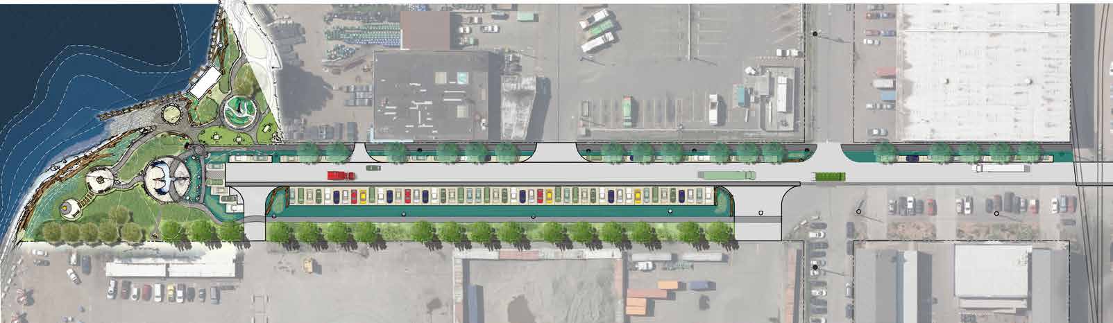 Vision for improvements to 8th Ave. S and Gateway Park North in Georgetown that cater to the needs of both the residential and industrial/business communities. Features include green infrastructure (including trees), a pedestrian pathway, vehicle parking, and improvements to the Street End Park.  More work needs to be done to determine feasibility of improvements.