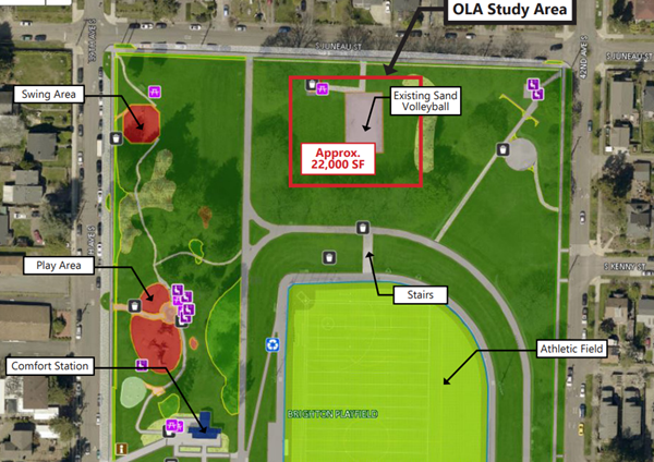Location of the OLA which might be built at Brighton Playfield, if future OLA funding is allocated.&nbsp; OLA would be 22,000 square feet at the north end of the park, replacing the existing sand volleyball courts.