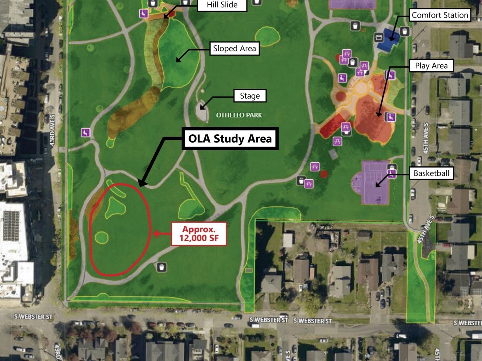Aerial view of the proposed OLA at Othello Park, approximately 12,000 square feet in the southwest corner of the park.