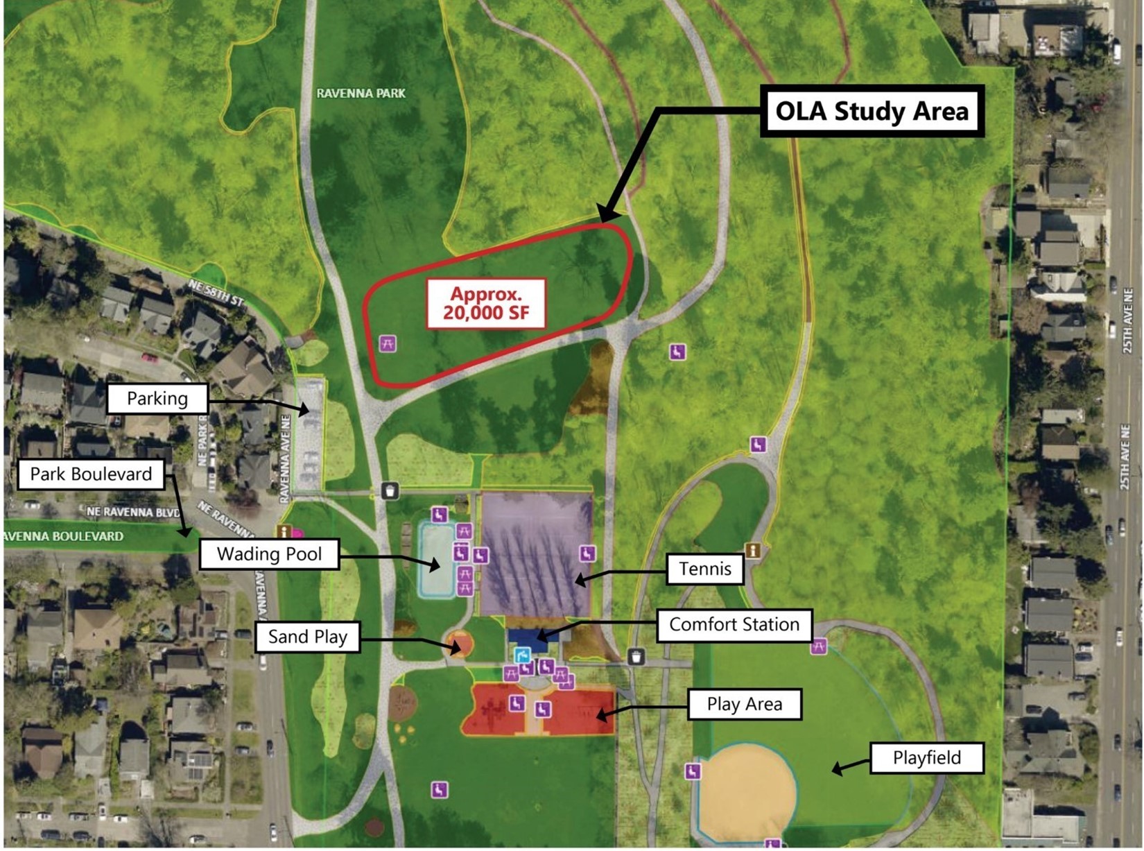 Aerial view of the proposed OLA at Ravenna Park, which is funded for design only.&nbsp; The OLA would be approx. 20,000 square feet, just east of the corner of Ravenna Ave NE & NE 54th St.&nbsp; The location is a short distance north of the Wading Pool and Tennis Courts.