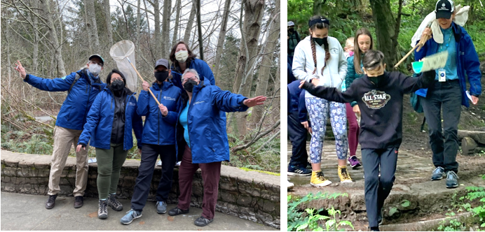 Collage of 2 photos: the left is a group of people in blue raincoats posting for the camera outdoors; the right is a young man walking down stone steps with 3 people behind him
