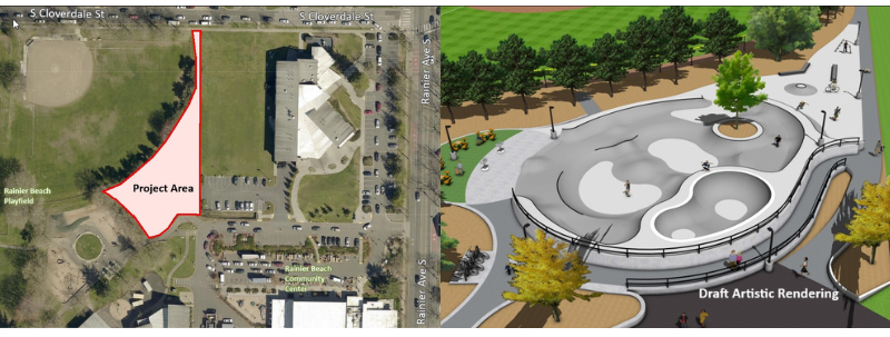 Rainier Beach Skate Park Map with text "Project Area" and Skate rendering with text "Draft Artistic Rendering"