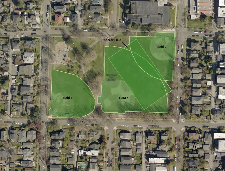 A satellite map showing the layout of West Queen Anne Playfield in Seattle, divided into three labeled sections: Field 1, Field 2, and Field 3, all shaded in green. The soccer field overlaps portions of Field 1 and Field 2. The surrounding area includes residential neighborhoods and streets such as W Howe St, W Blaine St, 6th Ave W, and 5th Ave W