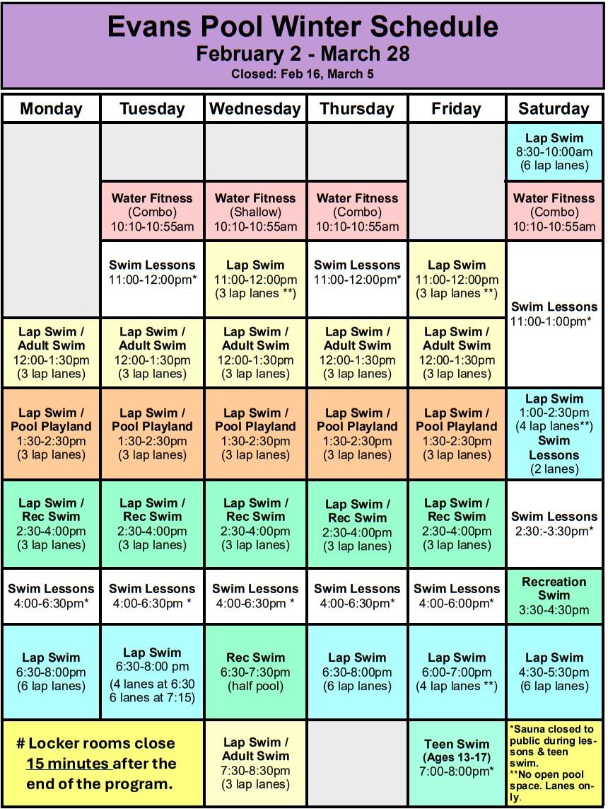 Evans Pool schedule for Feb-Mar 2026. Click or tap to open an ADA-accessible, printable version in a new window.