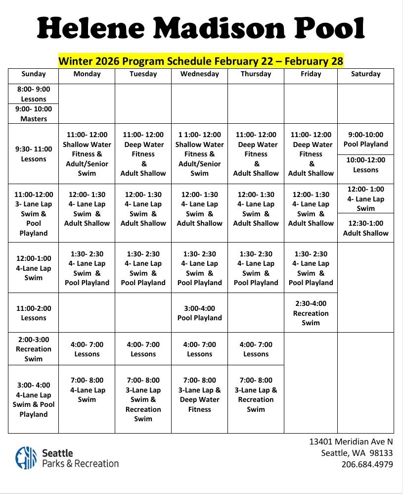 Madison Pool schedule, Feb. 22-28 2026. Click or tap to open an ADA-accessible, printable version in a new window.