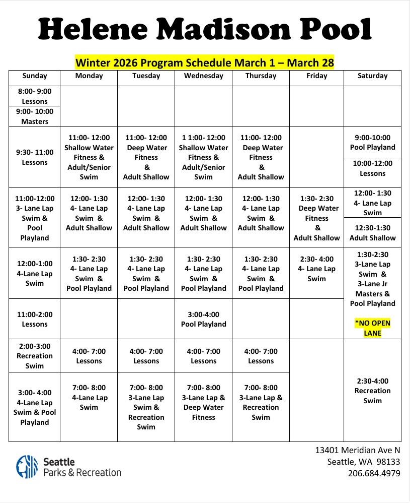 Madison Pool schedule, March 1-28, 2026. Click or tap to open an ADA-accessible, printable version in a new window.