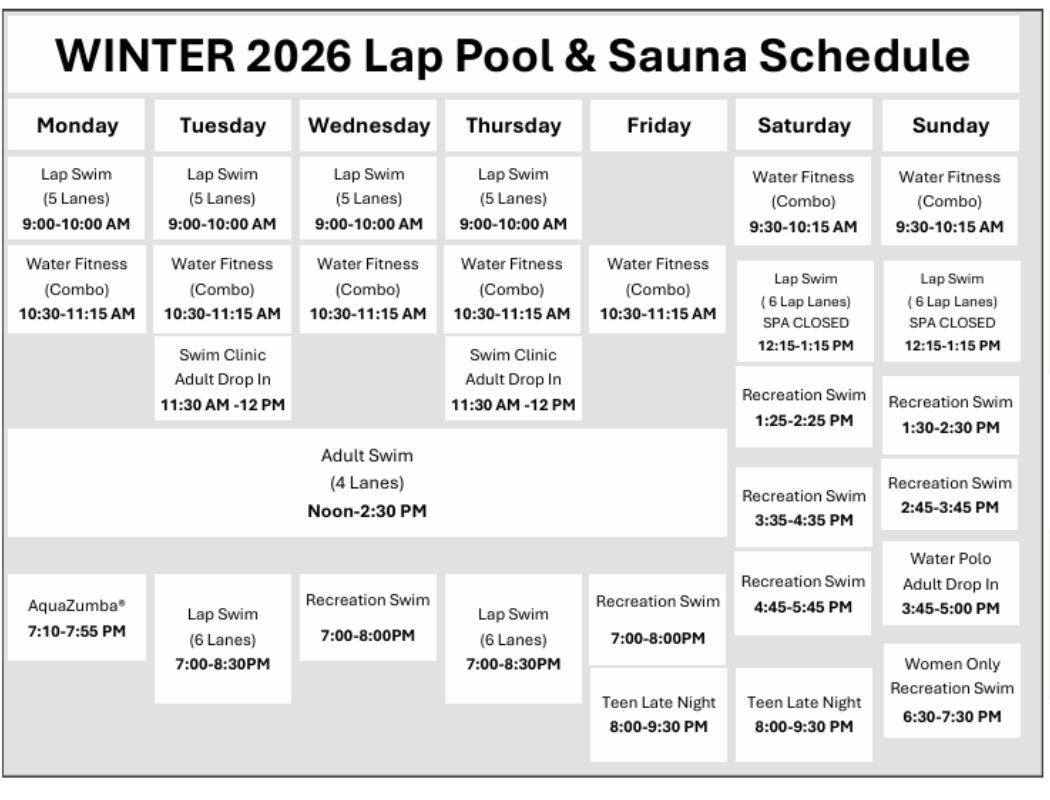 Click or tap to open new window with an ADA-accessible, printable PDF of the Rainier Beach Pool Lap Pool and Sauna schedule