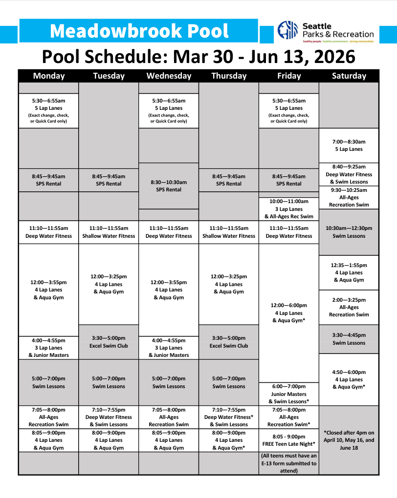 Meadowbrook Pool Spring 2026 schedule. Click or tap to open an ADA-accessible, printable version in a new frame.