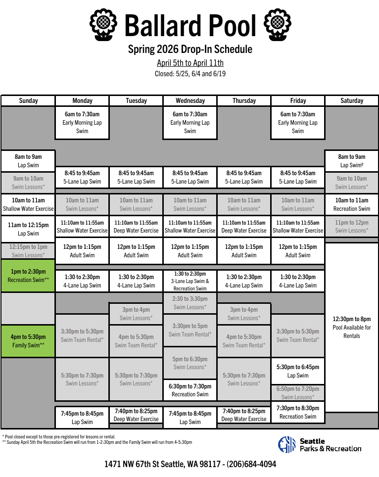 Click or tap to open an ADA-accessible, printable version of the Ballard Pool schedule in a new frame. 
