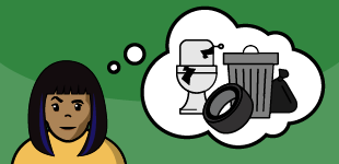 A brown woman thinking about junk that needs to be thrown away.