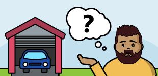 A brown man with short, brown hair and a beard thinking about a car in a garage.