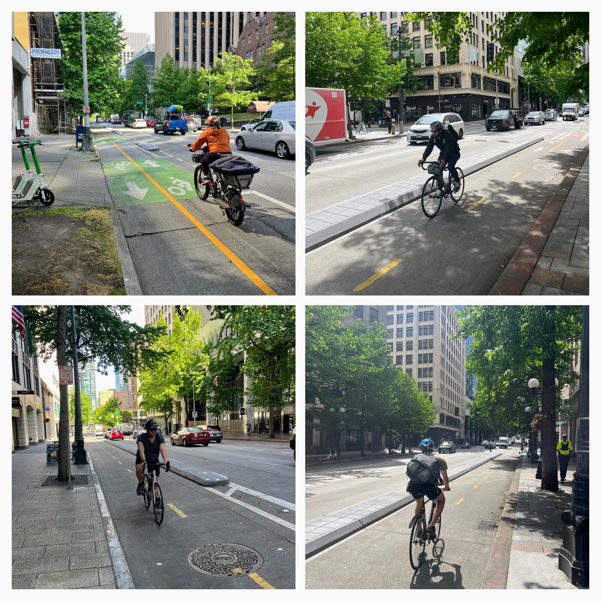 The photo is divided into four frames, each depicting a person riding a 