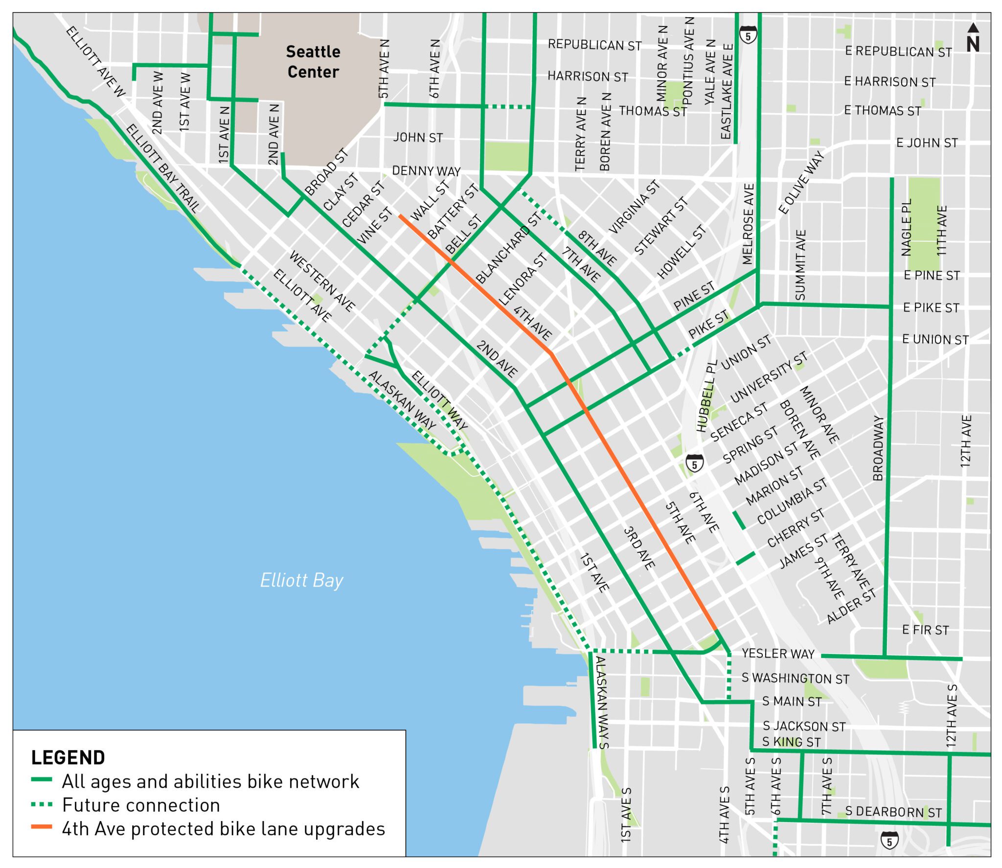 Map showing all ages and abilities bike routes in Center City