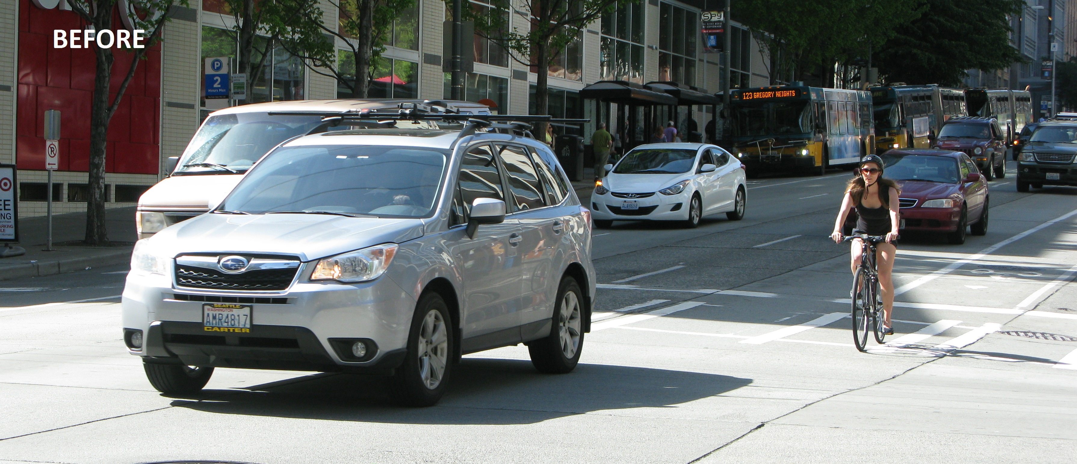 Before installation of protected bike lane on Pike St 