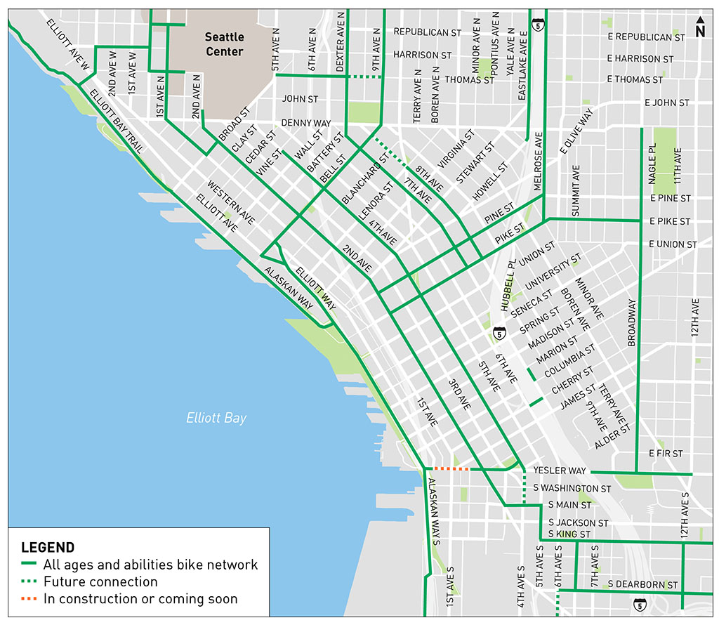 A map showing competed bike routes in downtown Seattle.