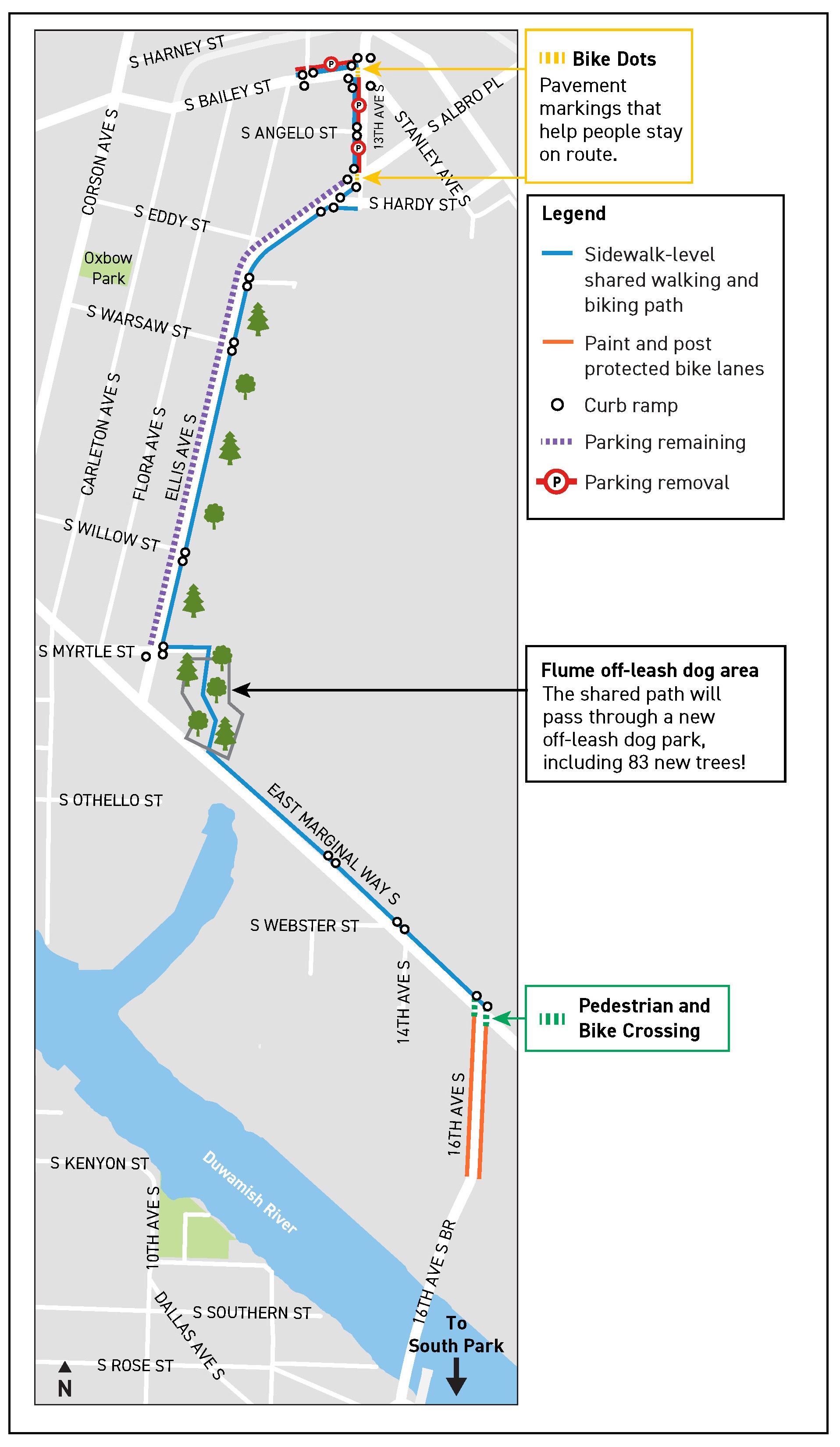 Map showing route from 13th Ave S, Ellis Ave S, and East Marginal Way s, and 16th Ave S