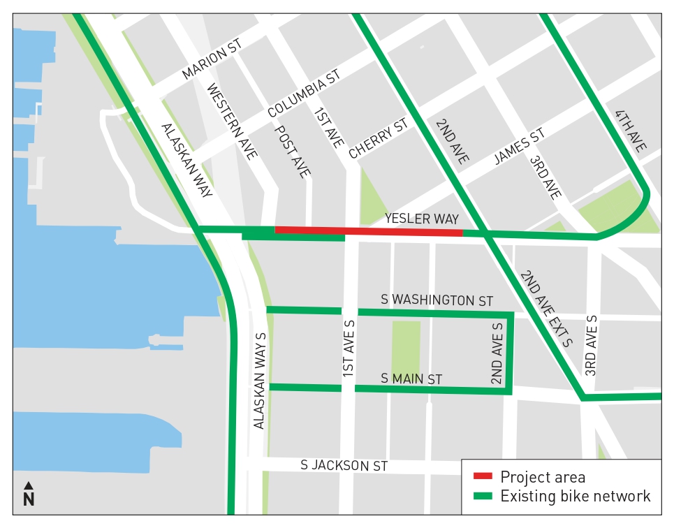 Map showing project area including nearby projects and existing bike network.