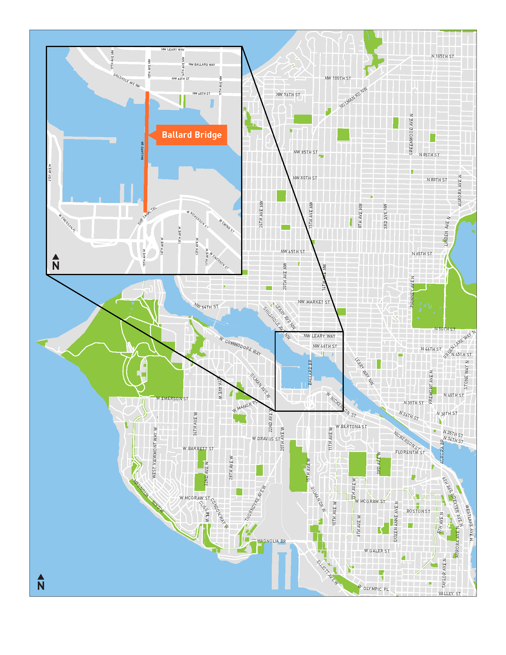 Map of Ballard Bridge and surrounding area