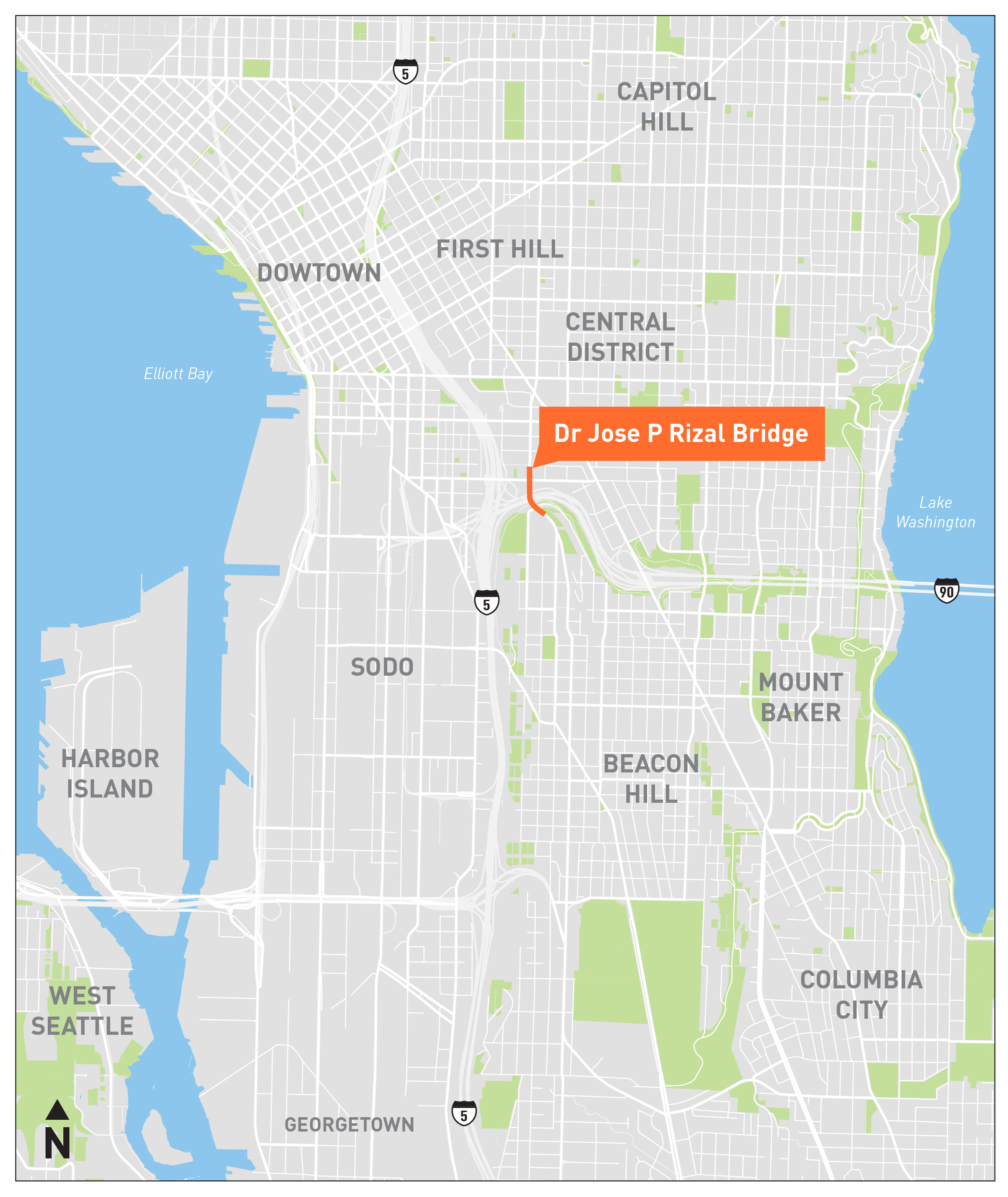 A Seattle map highlighting Dr. Jose P. Rizal Bridge in orange, connecting the Central District and Beacon Hill over I-5.