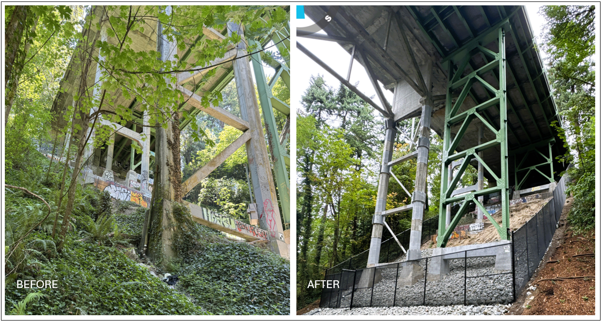 Side-by-side view of bridge columns before and after work, showing slope stabilization with rock and fencing, and reinforced concrete columns.