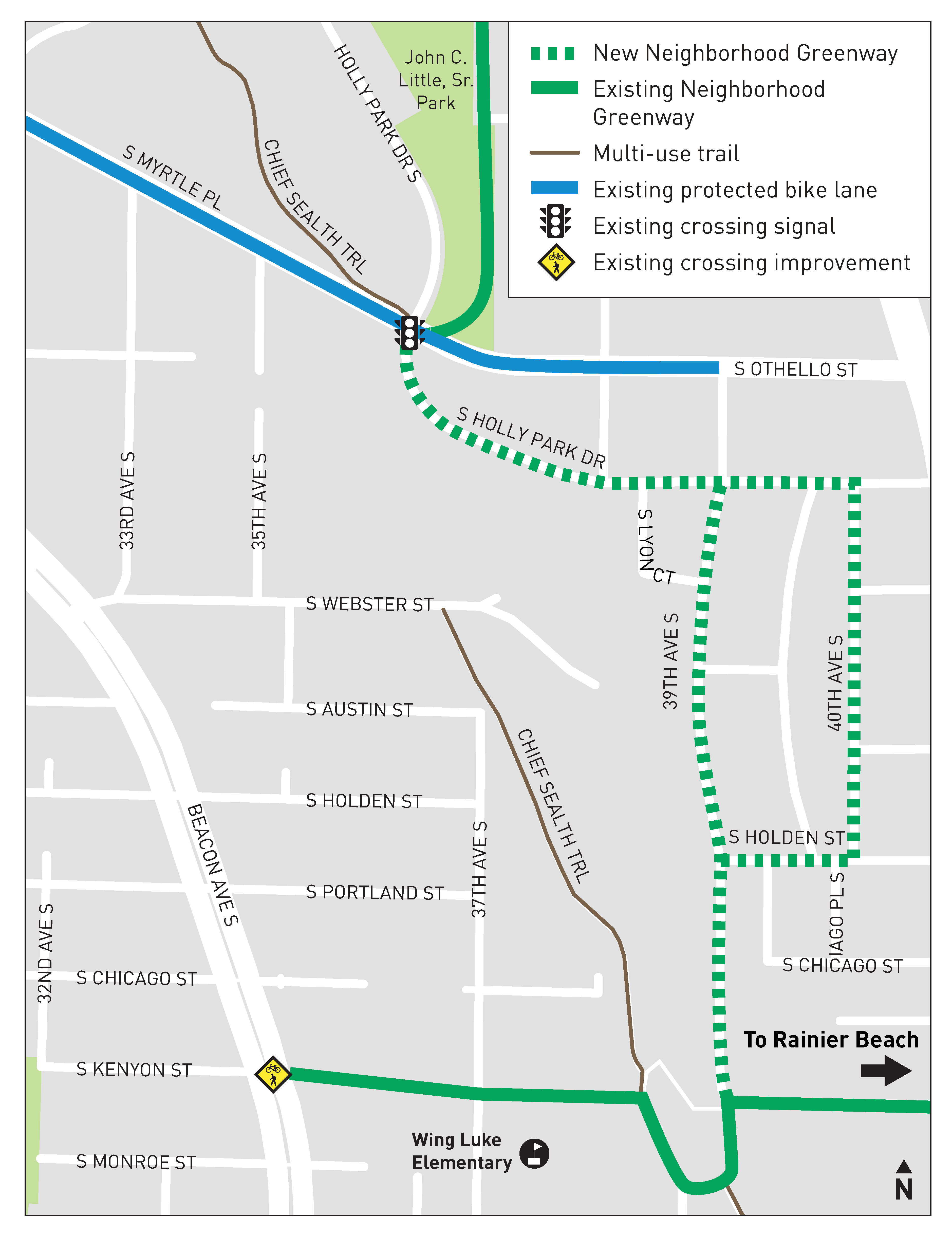 Project Area Map for Wing Luke Elementary Neighborhood Greenway extension northward to New Holly and the Chief Sealth Trail