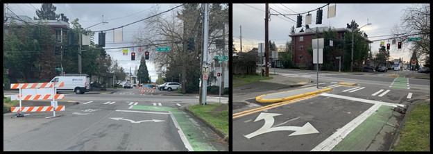 Two photos side by side showing an intersection before and after a concrete median is installed in the center of the road