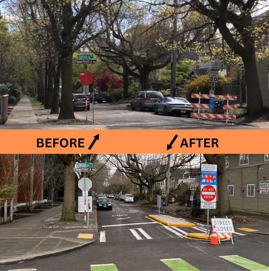 Two photos showing a street intersection. Arrows indicates that the photo on top is Before and the photo on bottom is After