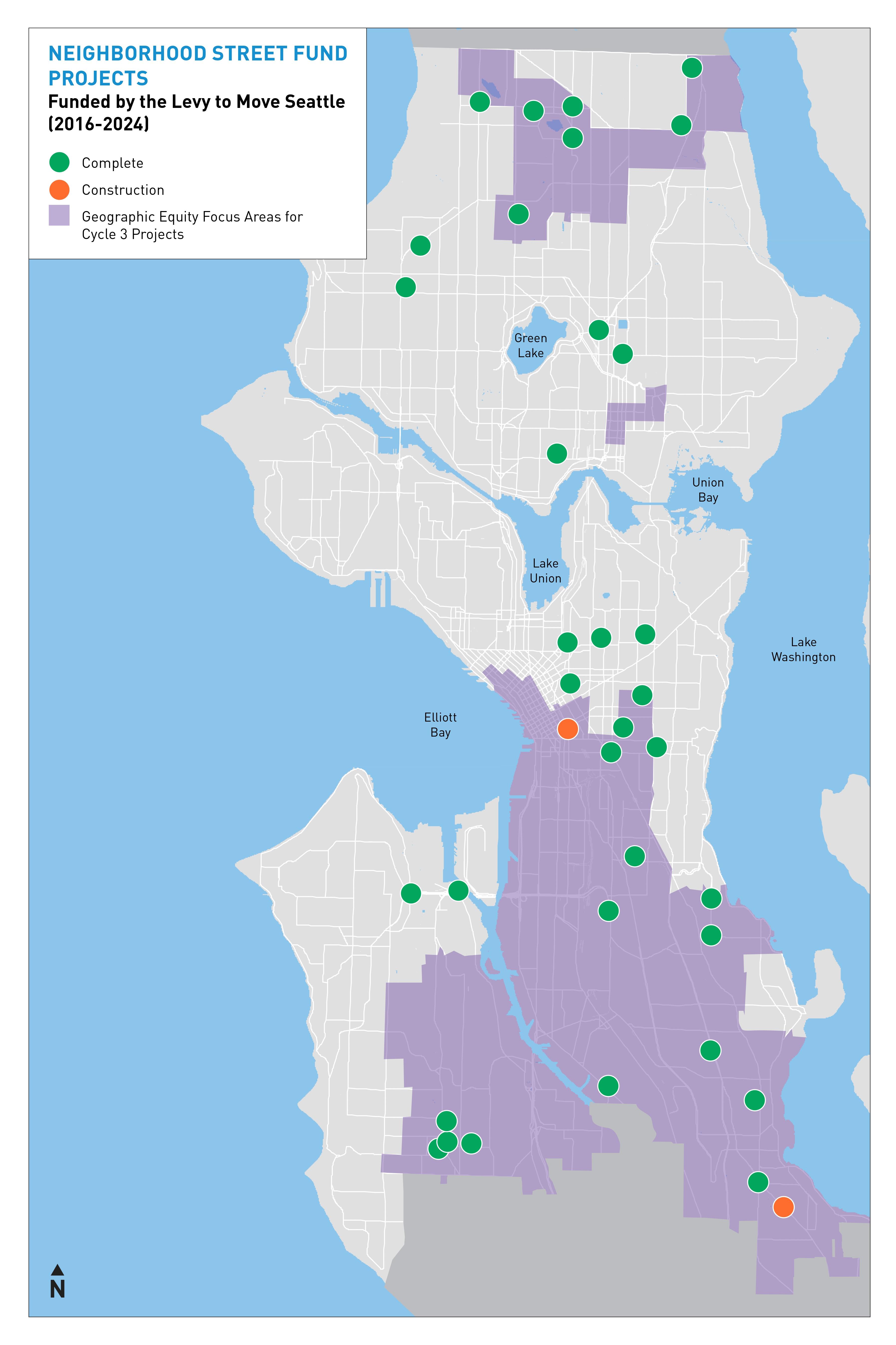 Map graphic shows green and orange dots depicting which Neighborhood Street Fund projects are complete and in construction.