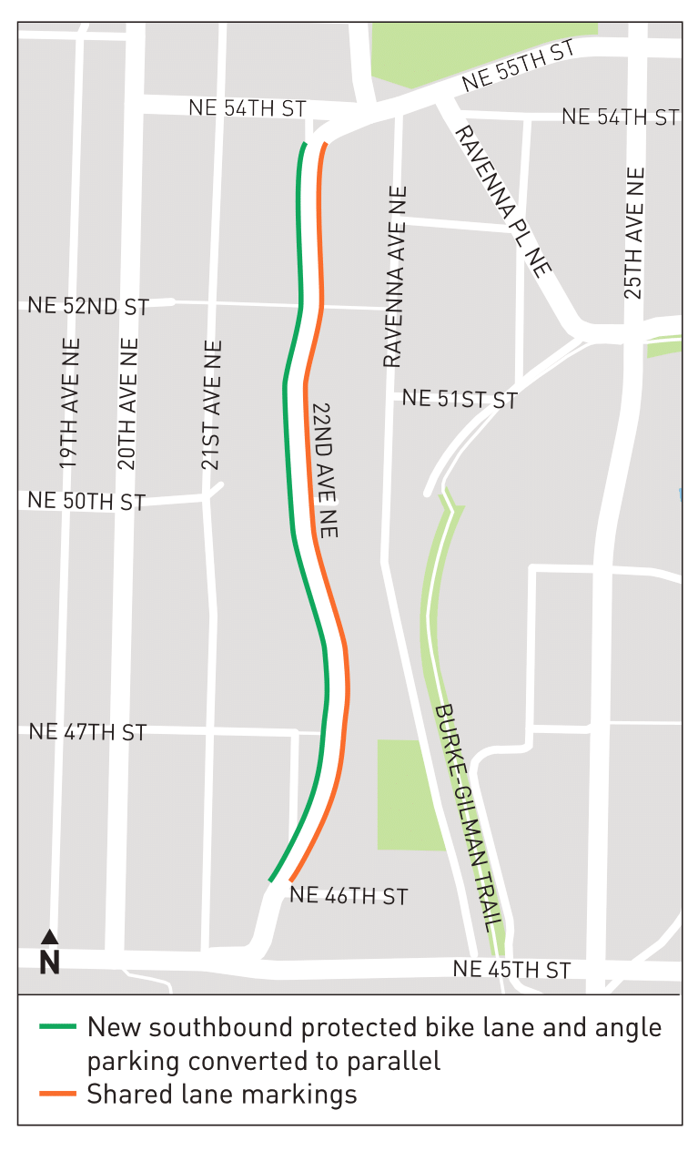 Map graphic shows new southbound protected bike lane and angle parking converted to parallel on the west side of 22nd Ave NE, and shared lane markings on the east side of 22nd ave NE.