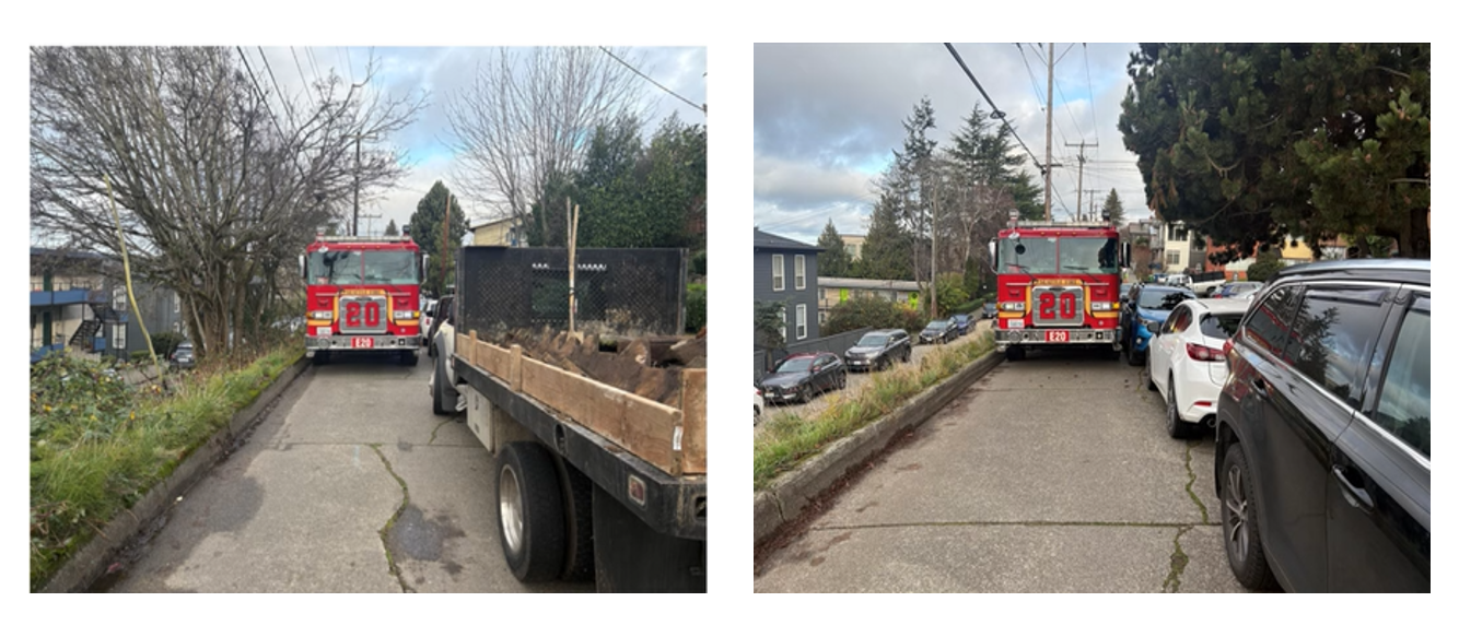 Two photos of a narrow, sloped residential street showing a red fire engine with limited clearance due to parked vehicles, illustrating tight maneuvering space for emergency access.