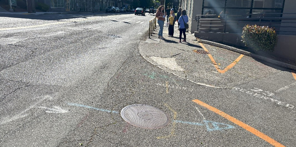 Side by side images of sidewalks and road pavement with cracks. 