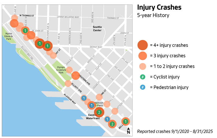 Image shows the data associated with collisions on Western Ave and Elliot Ave