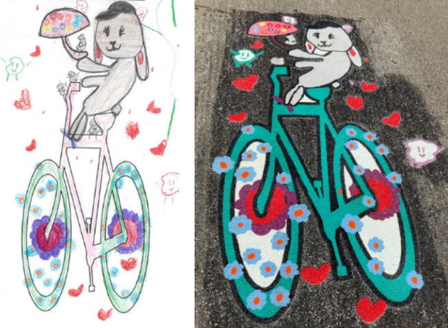 Drawing of a rabbit on a bicycle and the application of the artwork on the street. 