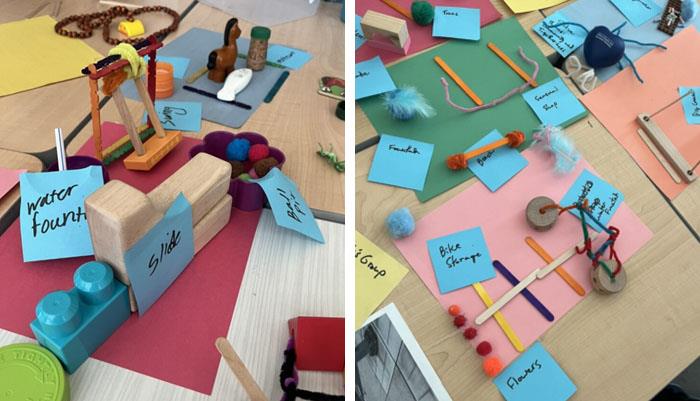 A tabletop exercise whowin post-its and materials building playground equipment, water fountains, etc. 