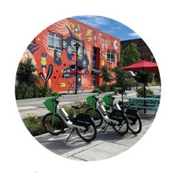 유니버시티 디스트릭트(University District)에서 탑승자를 기다리는 공유 전기 자전거