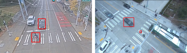 Sample of two screens showing red boxes overlaying where bikers and cars were approaching intersections. 