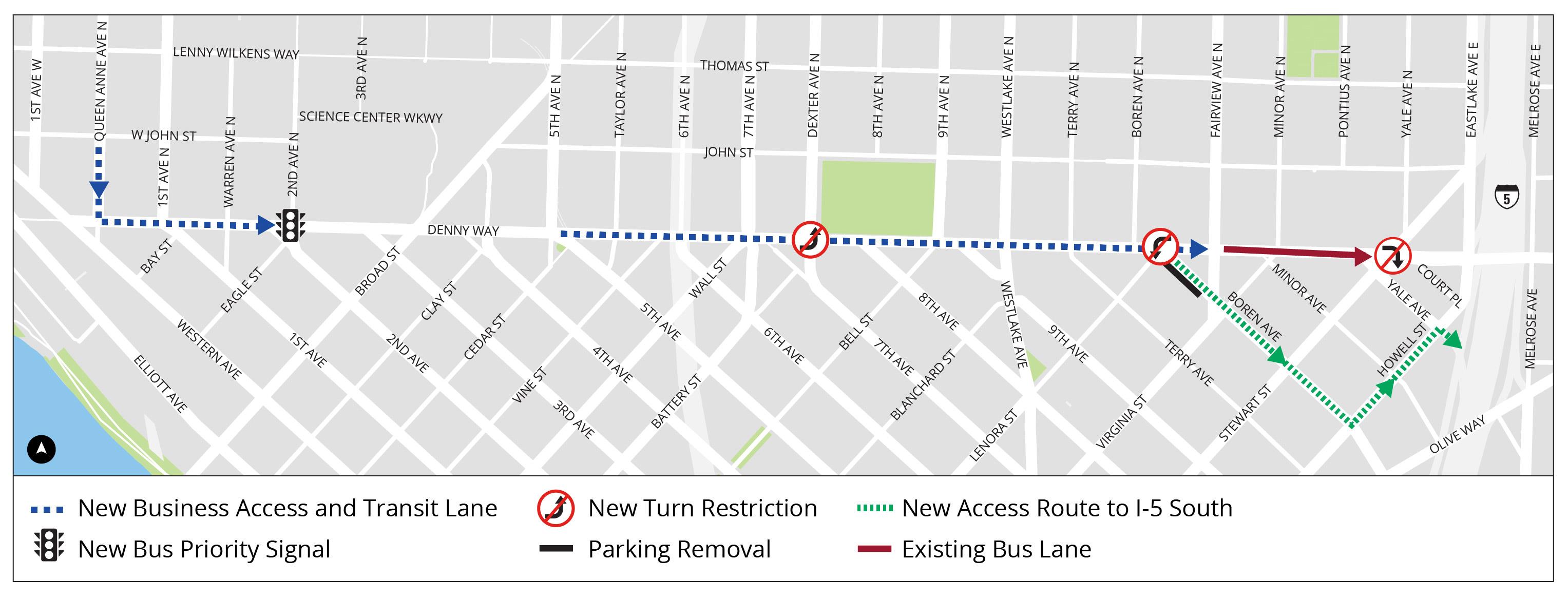 Project map showing Phase 1 and Phase 2 transit reliability improvements, as described in the &ldquo;What we&rsquo;re doing&rdquo; section of this website. The map covers the area from Queen Anne Ave N to Fairview Ave N.