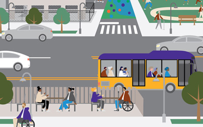 Graphic of people near transit with parks and eating spaces activated