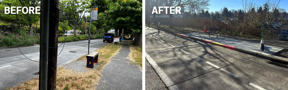 Before: treatment there is a wooden bench next to a bus sign and a small bit of gravel.  After:  a large marked concrete sidewalk with a large ADA compliant landing area and a permanently affixed bench.