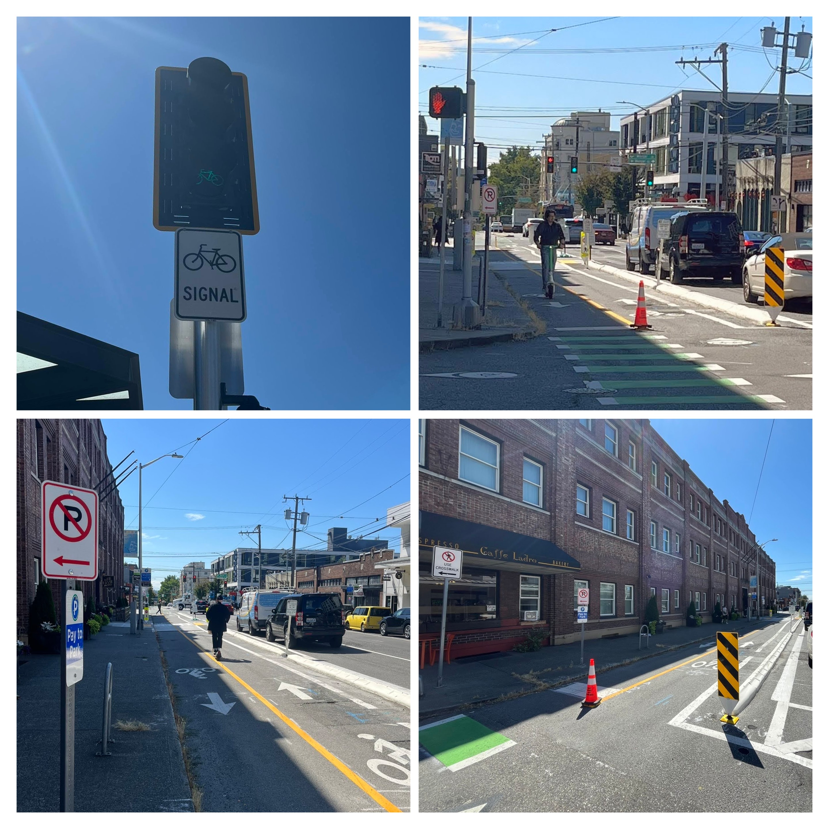 Street view looking north and south along Queen Anne Ave N, showing a new two-way protected bike lane with buildings on both sides, and a bike signal.