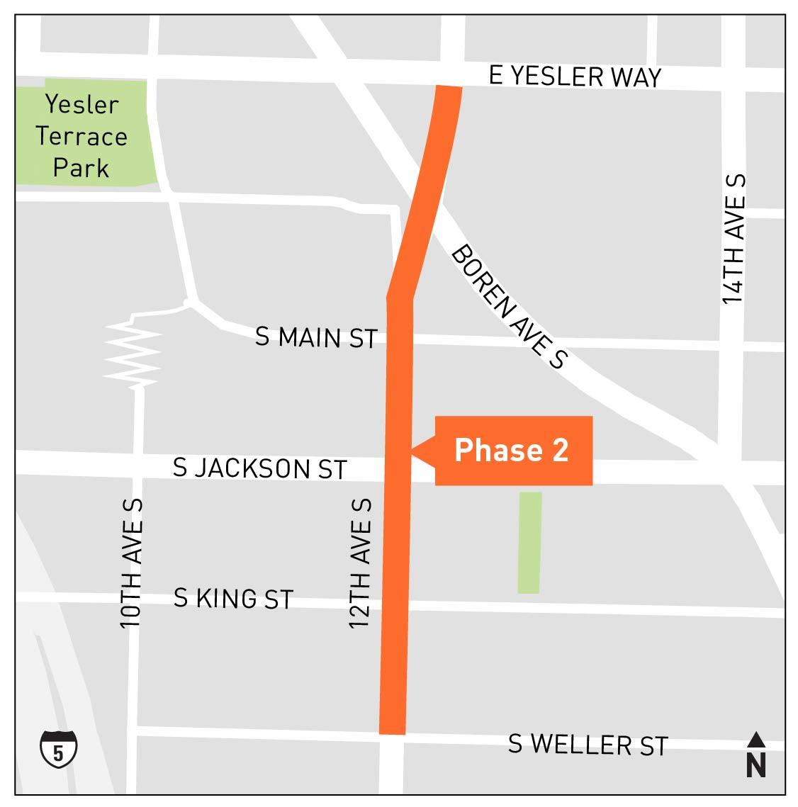 Map showing the project area along 12th Ave S, from S Weller St to E Yesler Way, including intersections with S King St and S Jackson St