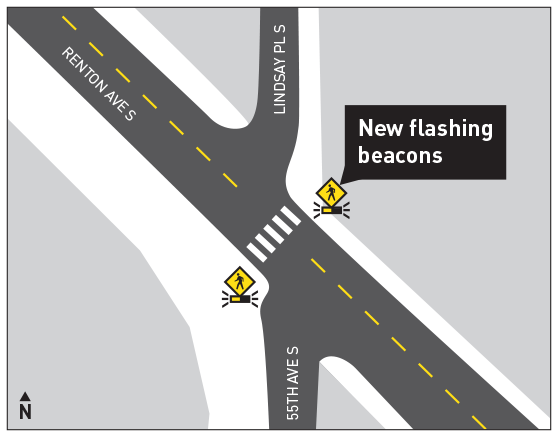 A rendering of the intersection of Renton Ave S and 55th Ave S where two flashing pedestrian beacons will be installed.