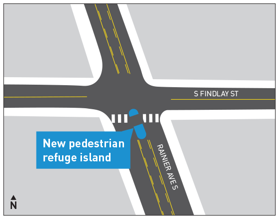 A rendering of the intersection of Rainier Ave S and S Byron St where a crosswalk and a pedestrian island will be installed across Rainier Ave S